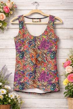 Pink Island Abstract Floral Psychedelic Graphic Print Sleeveless Tank Top Medium